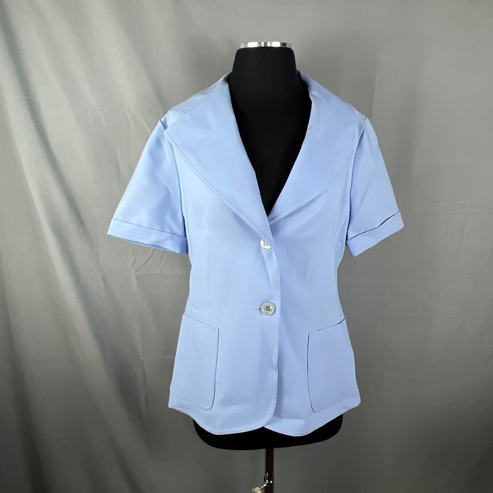 Vintage Three Flaggs Blazer Jacket Womens 14 Light Blue Short Sleeve Notch Lapel